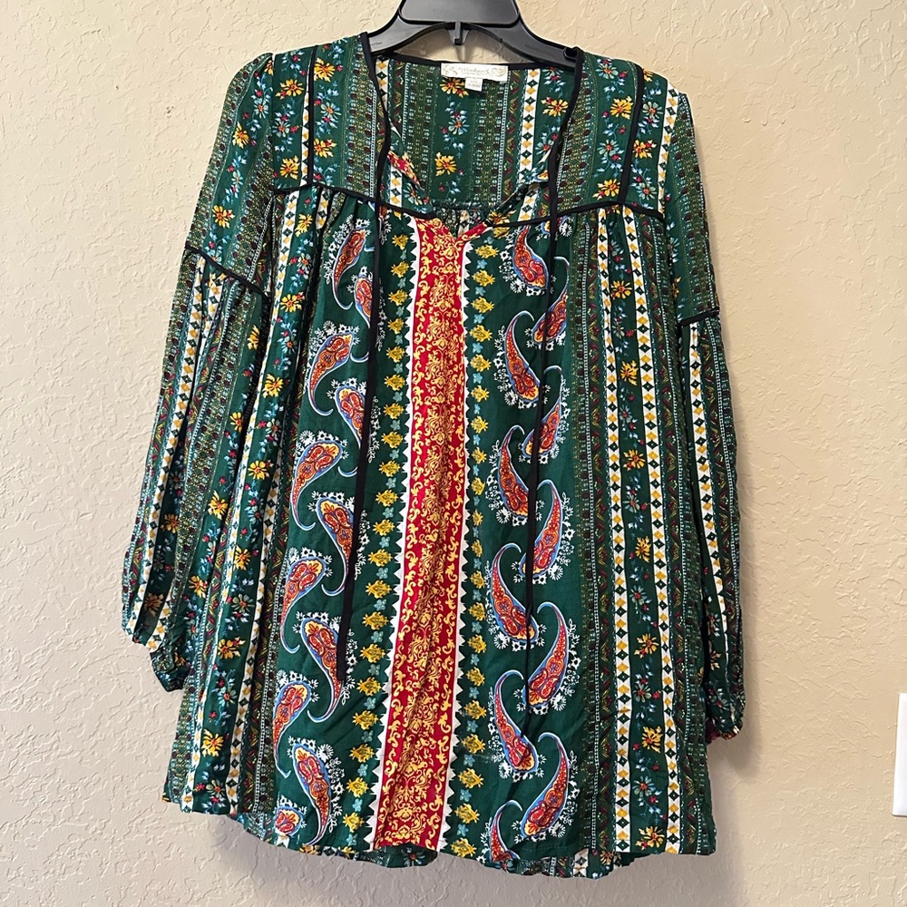 Suzanne Betro Green and Yellow Floral Cotton Blouse Size Small